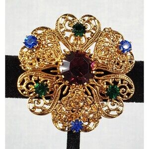 Czechoslovakia (CZECH) Gold Tone Filigree Glass Red, Green & Blue Stones Brooch